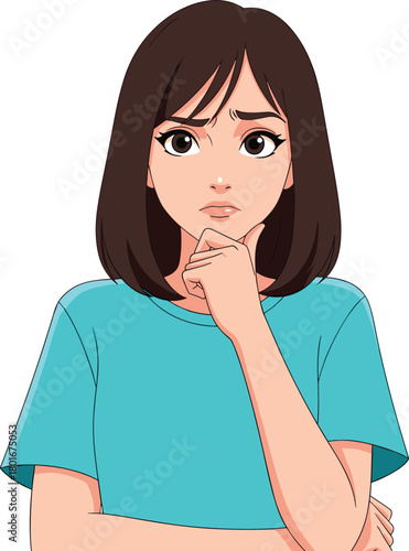 Cartoon person wearing teal shirt with thoughtful expression, hand on chin, concerned pose, decision making, problem solving, curiosity vector illustration design