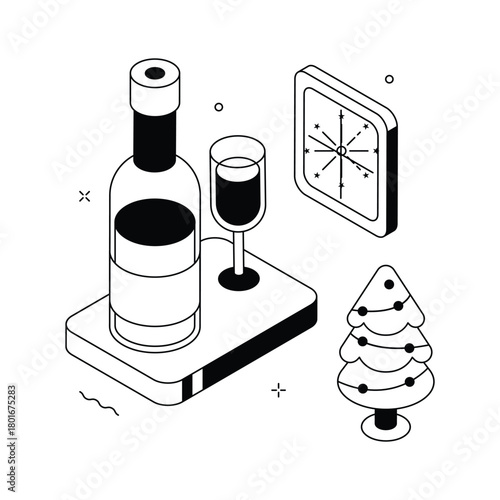 Festive wine and glasses setup for Christmas celebration, isometric illustration