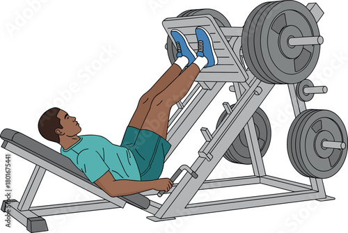 Cartoon person performing leg press exercise on gym machine, strength training vector illustration for bodybuilding, fitness workout, lower body muscle development