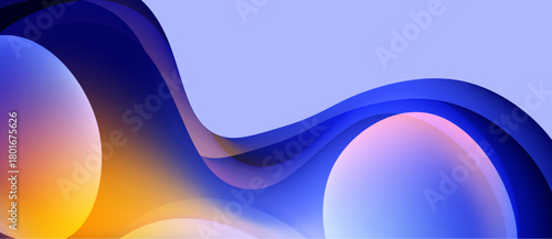 Abstract fluid shapes, vibrant colors blend. Blue, orange hues create dynamic composition. Smooth curves suggest movement, depth. Modern design.