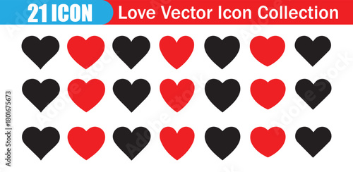 Black and Red Heart Icon Set.  Love Vector Collection