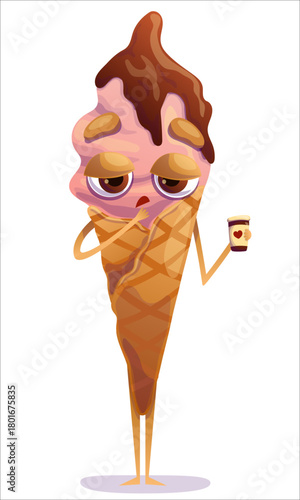 A cute, colorful ice cream cone with a sleepy man holding a coffee. Ice cream, cone, sweet, character, coffee, sleep