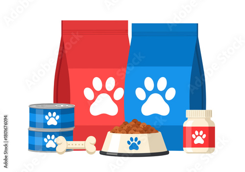 A complete assortment of pet nutrition, from dry kibble bags and wet canned food to treats and supplements, shown in a flat vector style