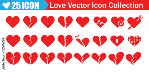 Romantic Heart Symbols Pack. Solid, Outline, and Broken Heart Icons