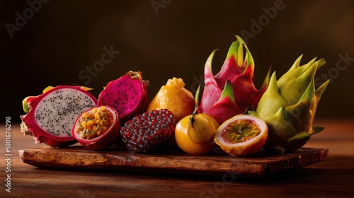 Exotic Premium Fruits, dragon fruit, passion fruit, starfruit, arranged on wooden platter, soft warm natural lighting, luxury commercial aesthetic