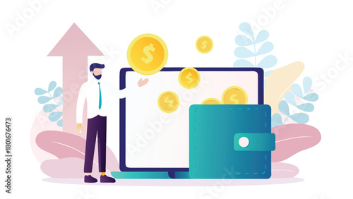 Digital wallet illustration with coins flying out symbolizing financial growth and business success in a modern abstract style