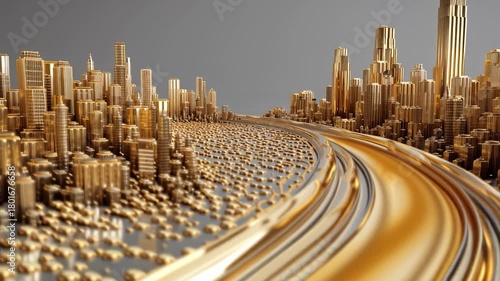 Futuristic golden city flowing with liquid gold
