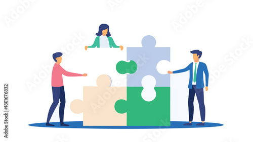 A diverse group of entrepreneurs collaborating and connecting ideas represented by puzzle pieces fitting together symbolizing teamwork and innovation in business