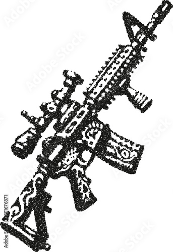 Detailed assault rifle with a scope and ornate, decorative patterns on the body. A unique military weapon or video game asset in stipple vector.

