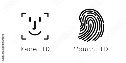 Face ID and touch iID icon set. Fingerprint sign. Identification icons. Facial recognition system, identification face. Finger scanner. Biometric verification. Vector.