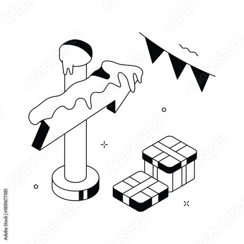 North Pole signpost with gifts, Santa�s magical home isometric illustration