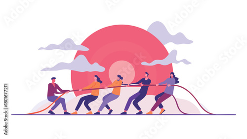 Dynamic illustration of a determined team collaborating to pull a colossal rope symbolizing unity effort and shared goals in a challenging endeavor