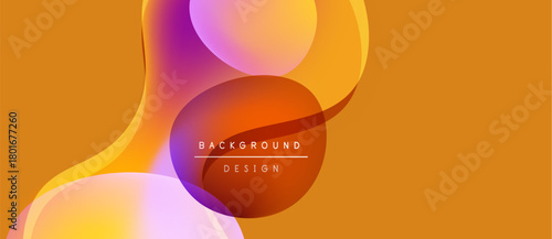 Abstract fluid shapes overlap, creating vibrant orange, purple gradients. Text reads background design within central form. Modern, dynamic composition.