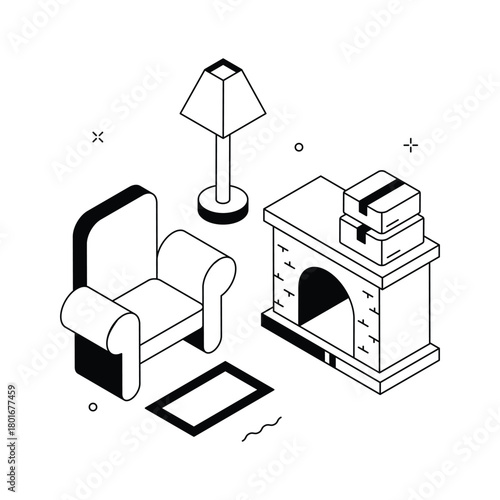 Holiday fireplace with festive decorations and gifts, modern isometric illustration