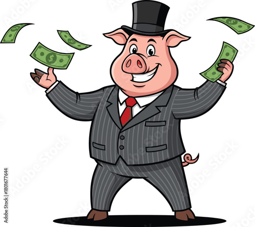 Cartoon pig businessman in suit with top hat holding money, wealthy greedy character vector illustration for finance success stock design