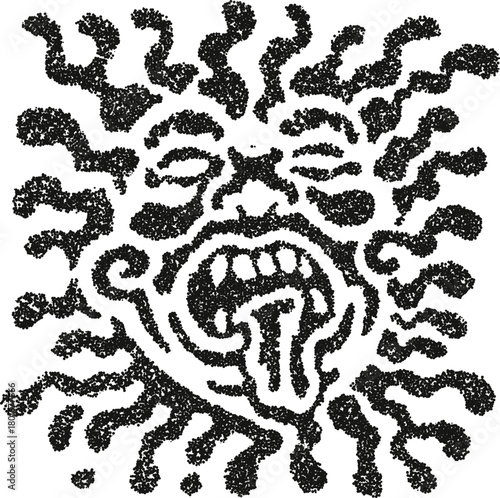 Abstract screaming sun face with a primitive, tribal feel. A powerful and chaotic mythological symbol with a wide open mouth, in a stipple vector style.
