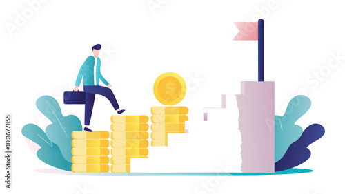 Ambitious entrepreneur ascends a staircase constructed from golden coins symbolizing financial growth and career advancement towards success