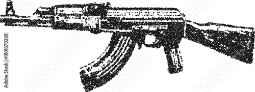 Iconic AK-47 assault rifle illustrated in a gritty, minimalist style. A classic Kalashnikov firearm symbol for military or video game themes in stipple vector.
