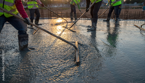 Construction Workers Leveling Wet Cement at Sunset, Building Foundation, Infrastructure Project, Hard Work, Construction Crew, Laborers Smoothing Concrete