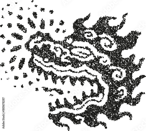 Stylized Asian dragon head breathing fire or smoke, in a tribal tattoo style. A powerful mythological creature symbol rendered in a stipple vector.
