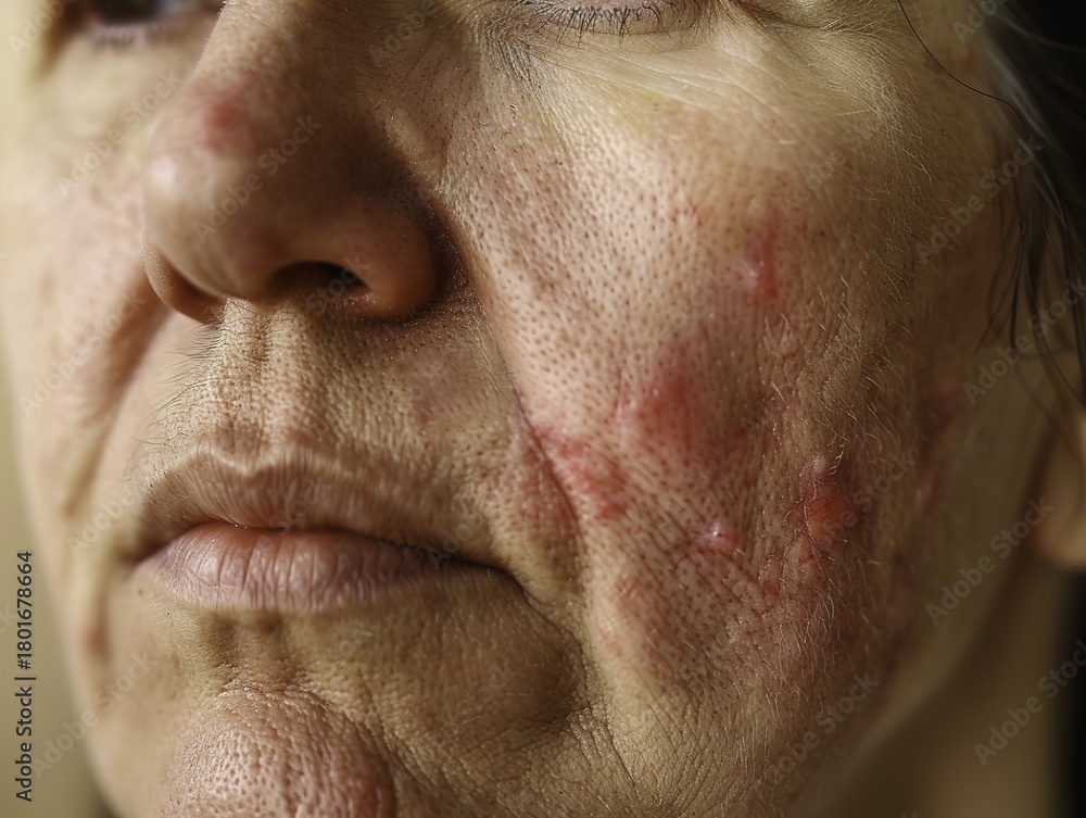 Naklejka premium Close-up of a person's face showing skin irritation and redness on the cheek