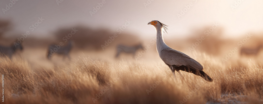 Fototapeta premium Elegant secretary bird stands tall in golden savanna grass, zebras blurred in background. Represents wildlife, conservation, nature photography, travel.