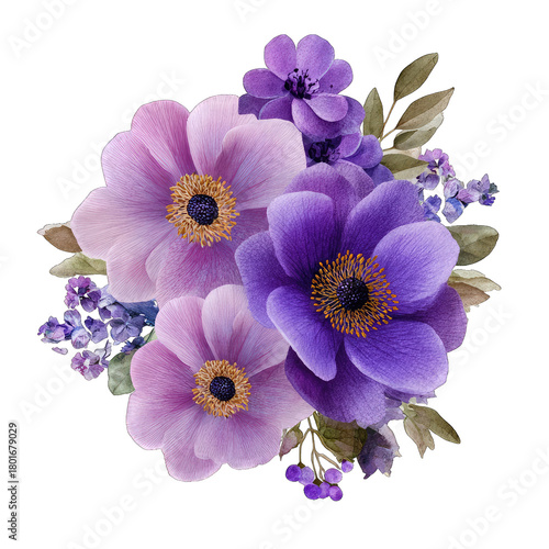 Purple and pink anemone flower bouquet isolated on a transparent background