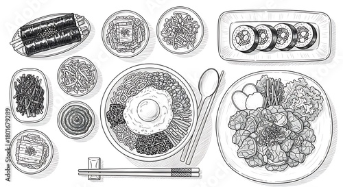 Traditional Korean Cuisine Hand-Drawn Illustration Set: Bibimbap, Gimbap, Fried Chicken & Banchan Variety
