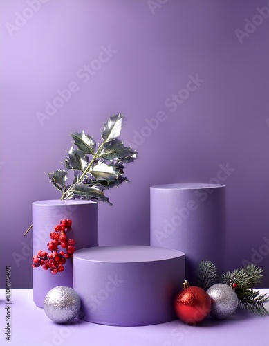 Empty purple podiums on lilac background with silver and red ball decorations and holly branches with red berries. Christmas concept