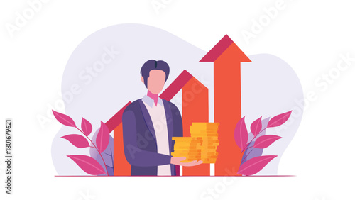 Financial advisor holding golden coins symbolizing wealth growth and investment success with a rising graph in the background perfect for financial services