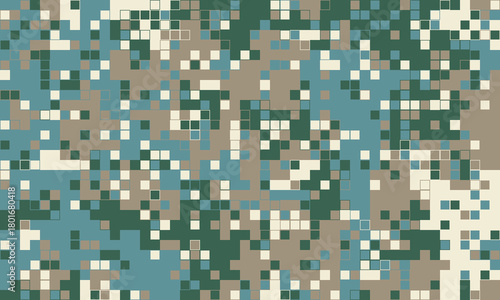 Abstract pixelated camouflage pattern in muted greens, blues, and beige. Ideal for backgrounds, textiles, or digital art projects.  Evokes themes of concealment, technology, and modern design.