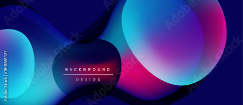 Abstract fluid shapes overlap, creating vibrant blue, purple gradients. Modern design emphasizes smooth transitions, dynamic composition.