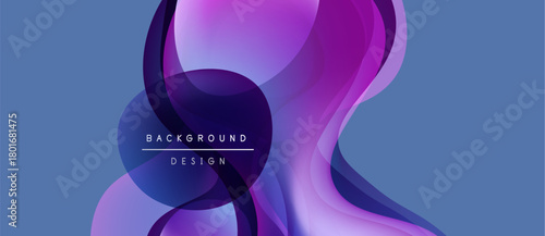Abstract fluid shapes, purple hues, modern design. Background features overlapping layers, creating dynamic visual effect. Minimalist text present.