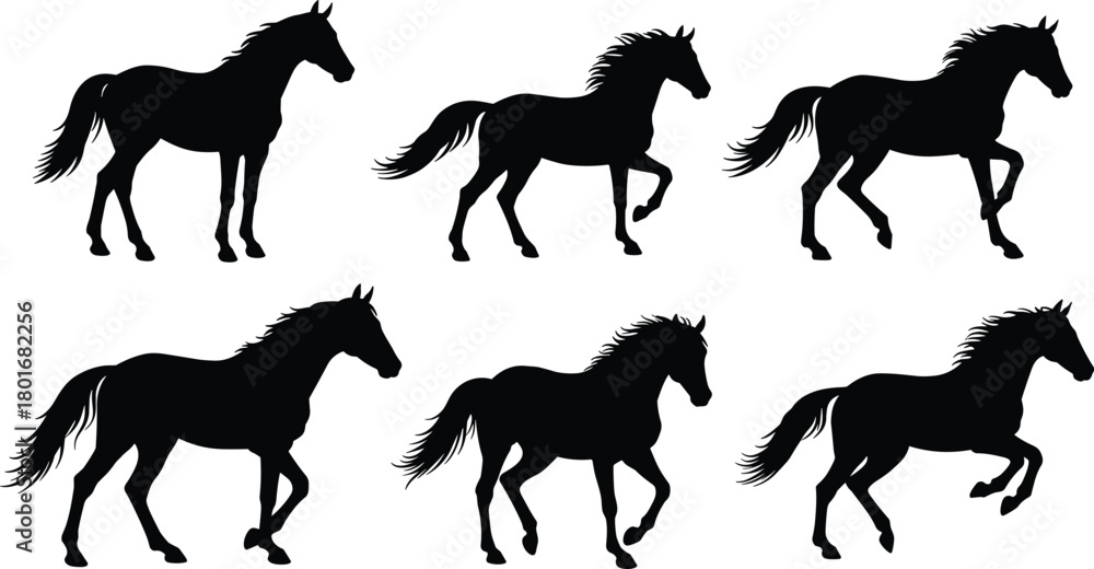 Obraz premium Horse silhouettes illustration, wild horse vector, running stallion outline, black horse shadow, equestrian art, galloping horse icon, animal graphic design