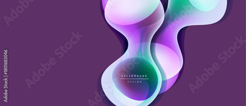 Abstract fluid shapes overlap, creating vibrant color gradients. Purple background enhances dynamic design elements. Modern aesthetic.
