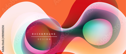 Abstract fluid shapes overlap, creating vibrant color gradients. Orange background complements flowing design elements. Modern aesthetic.