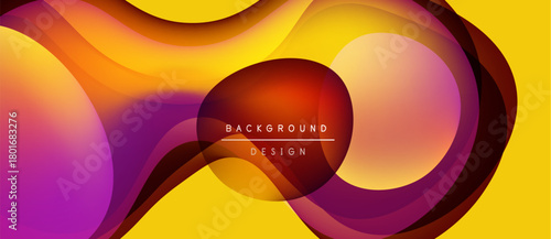 Abstract fluid shapes overlap, creating vibrant color gradients. Yellow background enhances dynamic composition. Modern design element.