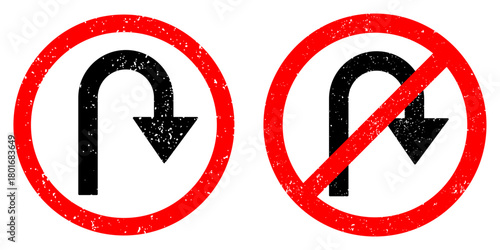  no uturn and uturn permitted traffic signs vector symbol grunge effect for road safety and direction guidance.