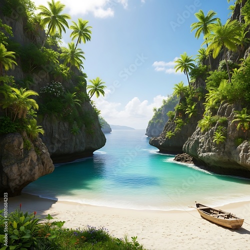 Secluded Tropical Beach Cove with Turquoise Water and Boat.
