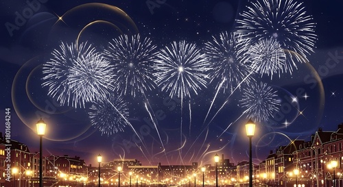 Festive night sky filled with fireworks above a city street