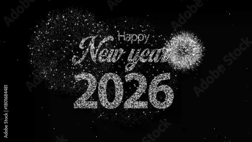 Happy New Year 2026 Celebration 4k video with Fireworks, snowfall and lighting sparkle,  Animated midnight happy new year 2026 Social Media Wishes, Greetings, firecracker new year's eve.
