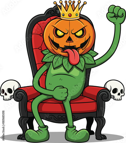 Cartoon pumpkin head king sitting on throne with crown and skulls, spooky Halloween character vector illustration for horror fantasy stock