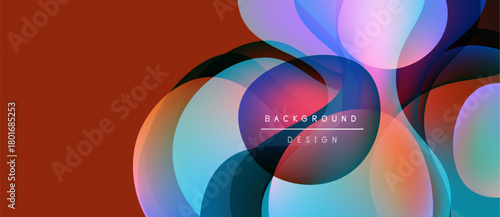 Abstract fluid shapes overlap, creating vibrant color gradients. Design features orange, blue, pink hues against dark background. Modern aesthetic.