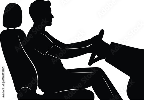 Silhouette of man driving car, driver holding steering wheel, transportation safety concept, automotive interior, vehicle operation illustration, travel design