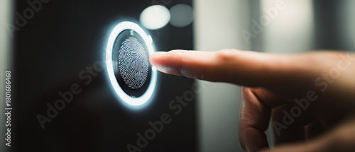 Finger being scanned on a digital device with a glowing fingerprint identification interface