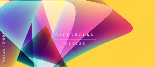 Abstract colorful shapes overlap yellow backdrop. Text reads background design. Modern visual presentation, vibrant hues present.