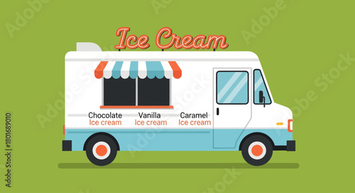 A charming, retro-style ice cream truck shown in a flat vector design, featuring a classic striped awning and a simple menu of chocolate, vanilla, and caramel treats