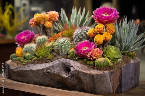 Colorful Floral Display With Cacti and Succulents in a Shopping Mall During t...