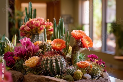 Colorful Cacti and Flowering Plants in a Bright Indoor Setting