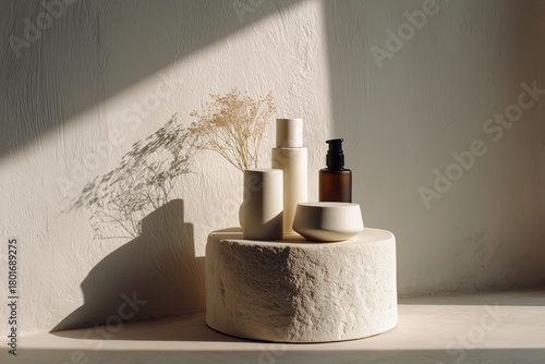 Decorative Display of Minimalist Skincare Products on a Round Stone Pedestal